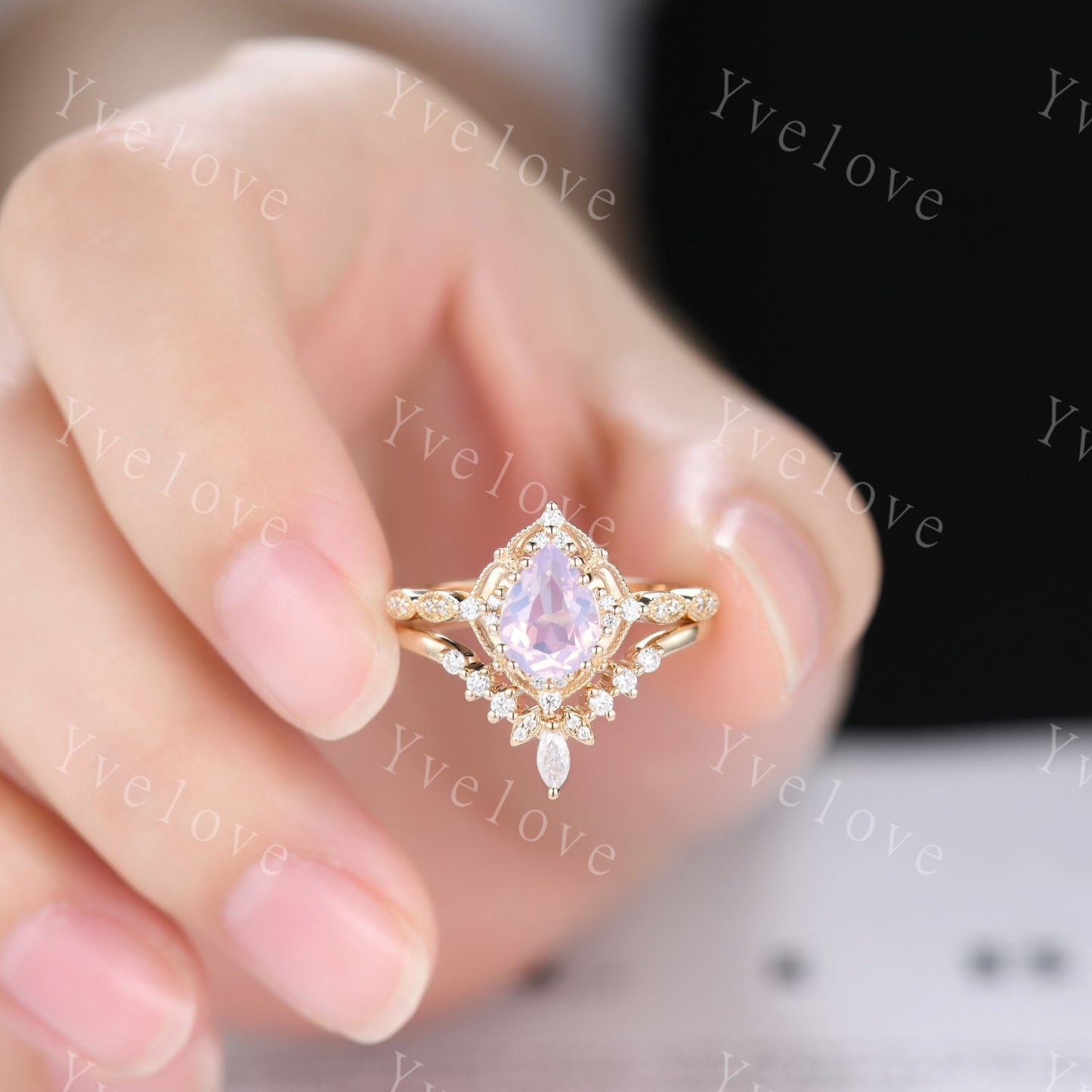 Vintage Lavender Amethyst Engagement Ring Set,6x8mm Pear Amethyst Bridal Set,V Curved Moissanite Stacking Band,Women Rings Gift,Platinum