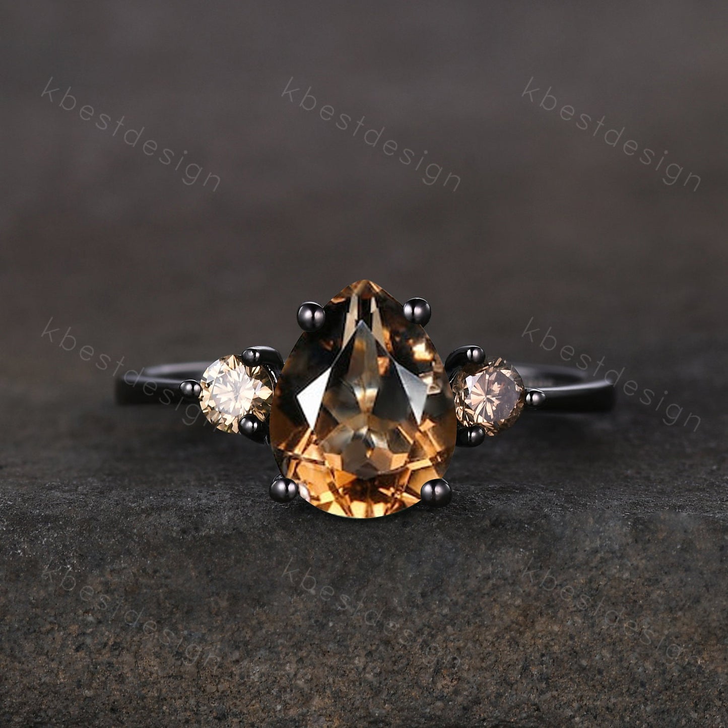 Pear shaped smoky quartz Engagement Ring Black Gold three stone engagement ring Vintage champagne Diamond Wedding ring Bridal promise ring