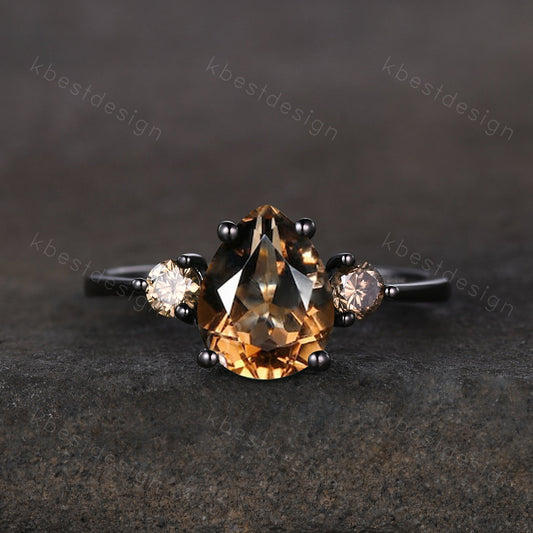 Pear shaped smoky quartz Engagement Ring Black Gold three stone engagement ring Vintage champagne Diamond Wedding ring Bridal promise ring