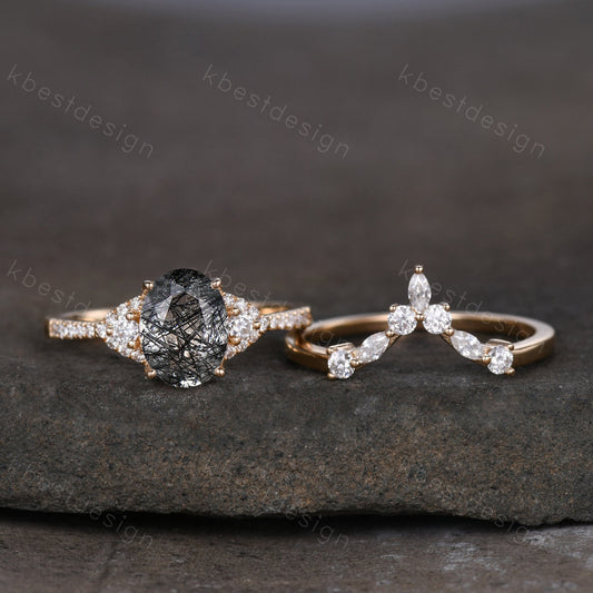 Vintage black rutilated quartz engagement ring 14k yellow gold oval cut ring art deco curved stacking band unique moissanite bridal ring set