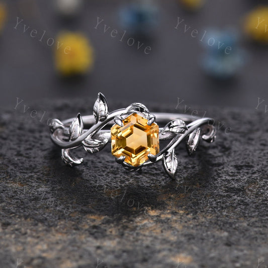 Hexagon Yellow Citrine Ring,Vintage Twig Vine Leaf Ring,Unique Citrine Engagement Ring,Bridal Set,Promise Anniversary Ring,Personalized Gift