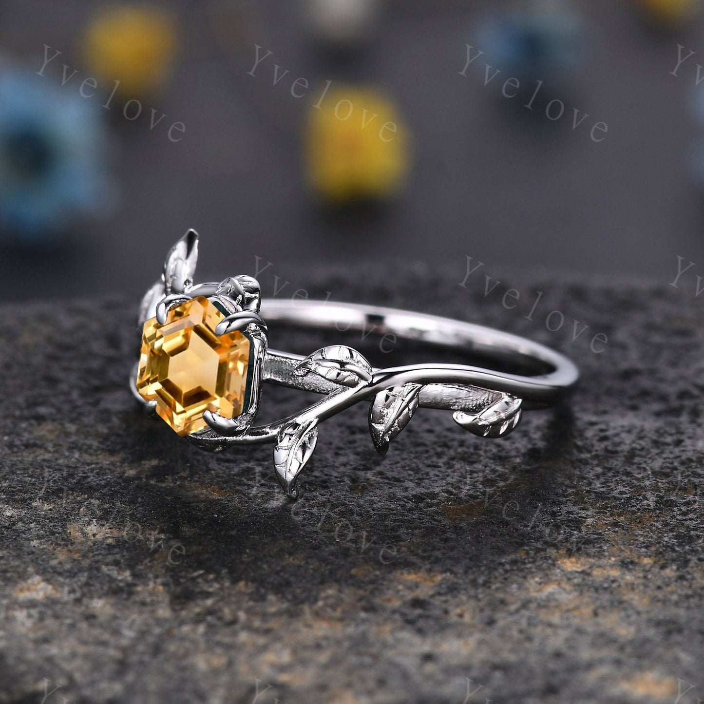 Hexagon Yellow Citrine Ring,Vintage Twig Vine Leaf Ring,Unique Citrine Engagement Ring Set,Bridal Ring Set,Promise Anniversary Ring Gift