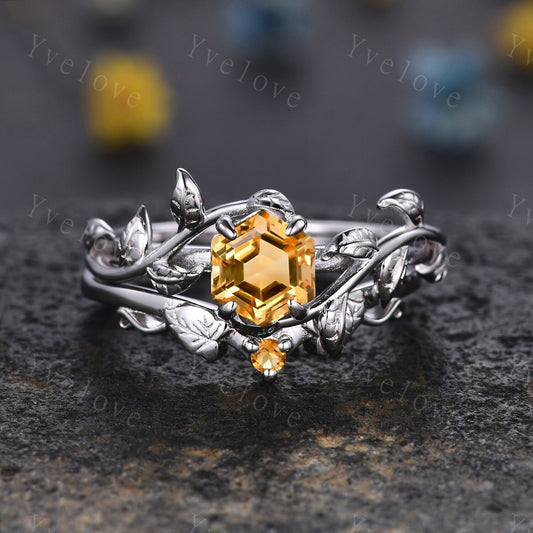 Hexagon Yellow Citrine Ring,Vintage Twig Vine Leaf Ring,Unique Citrine Engagement Ring Set,Bridal Ring Set,Promise Anniversary Ring Gift