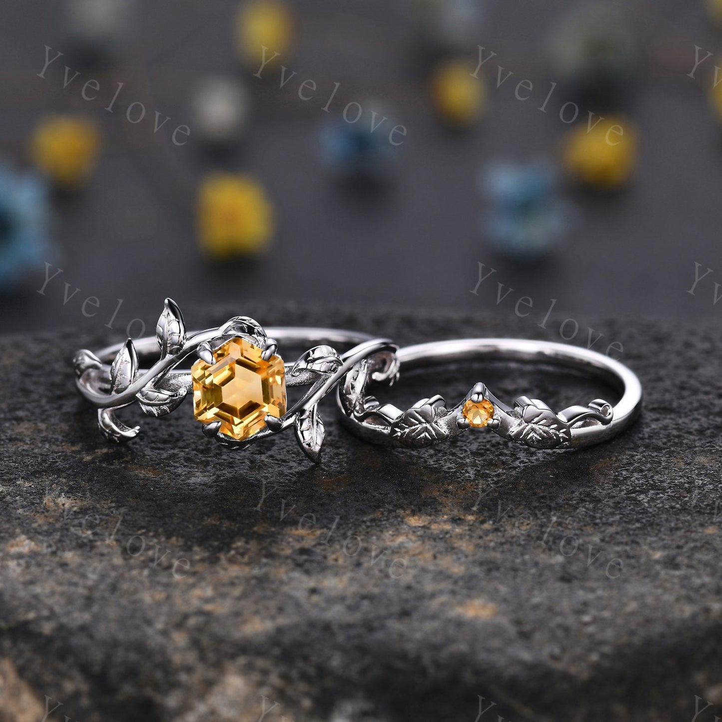 Hexagon Yellow Citrine Ring,Vintage Twig Vine Leaf Ring,Unique Citrine Engagement Ring,Bridal Set,Promise Anniversary Ring,Personalized Gift
