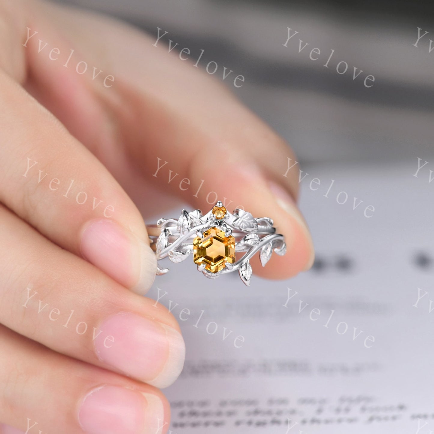Hexagon Yellow Citrine Ring,Vintage Twig Vine Leaf Ring,Unique Citrine Engagement Ring,Bridal Set,Promise Anniversary Ring,Personalized Gift