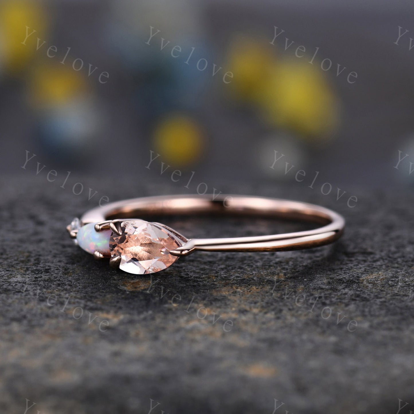 Unique Peach Morganite Opal Engagement Ring,Pear Cut Gems,Art Deco Moissanite Wedding Band,3 Stone Unique Women Bridal Promise Ring Gift