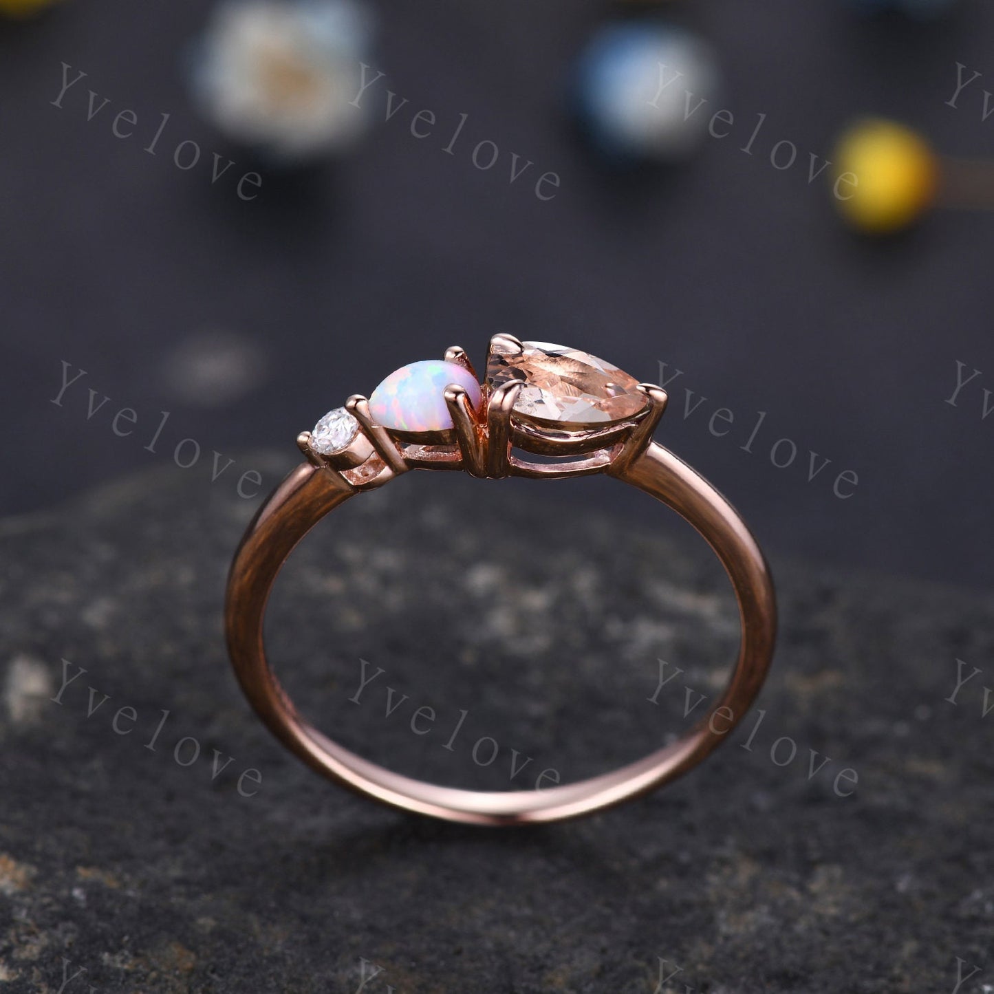 Unique Peach Morganite Opal Engagement Ring,Pear Cut Gems,Art Deco Moissanite Wedding Band,3 Stone Unique Women Bridal Promise Ring Gift