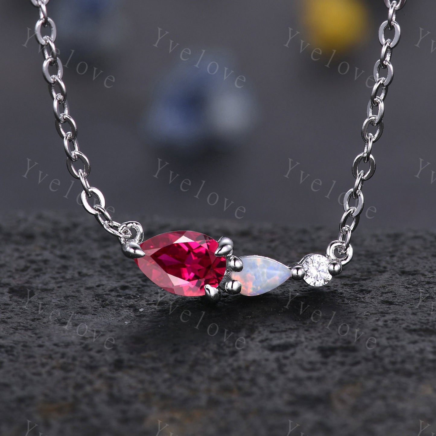 Pink Tourmaline Opal Necklace,Pear Cut Gems,Art Deco Diamond Delicate Dainty Necklace,3 Stone Unique Women Bridal Gift,925 Silver Necklace