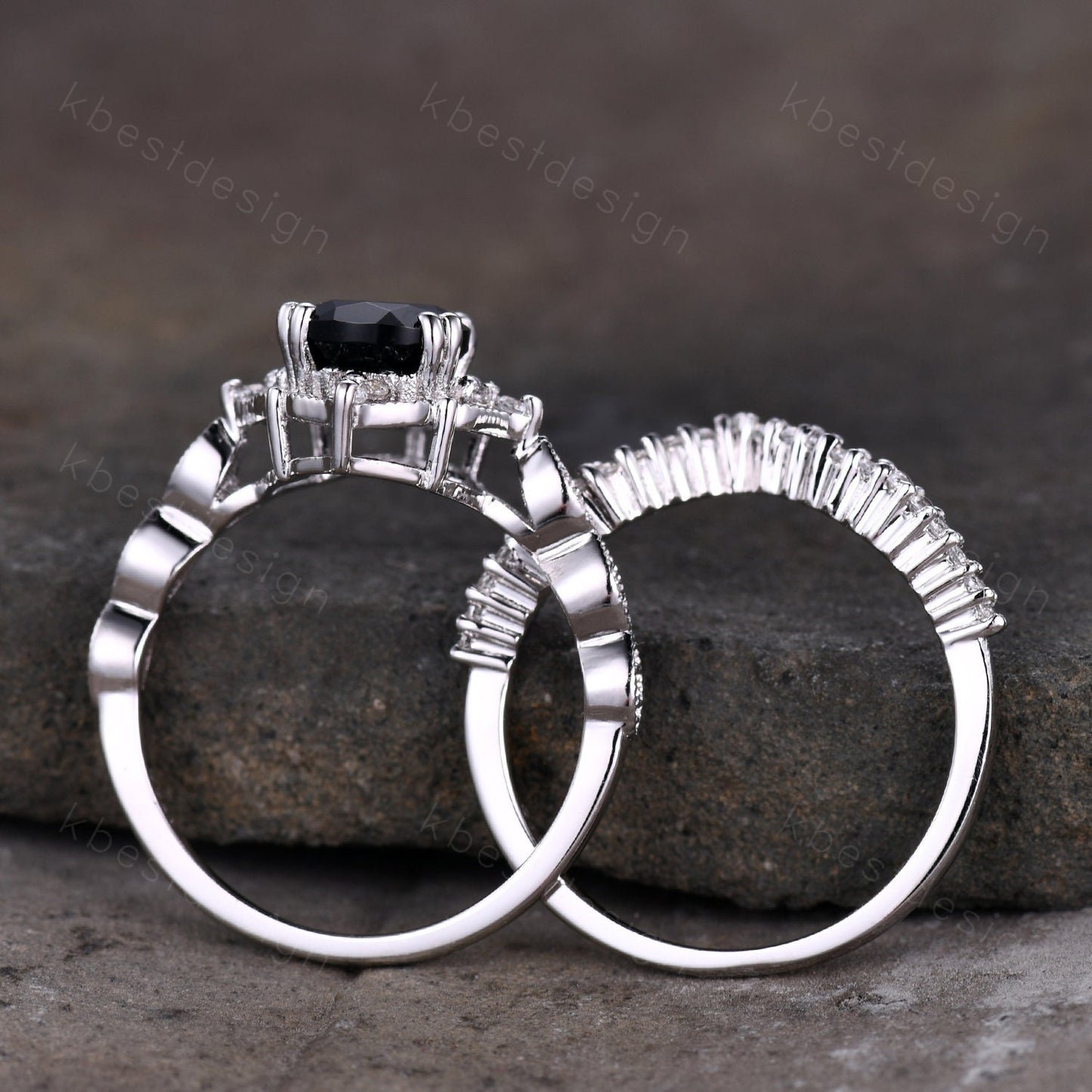 Vintage smoky quartz engagement ring silver ring art deco curved stacking band pear cut bridal set unique moissanite wedding set Brown ring