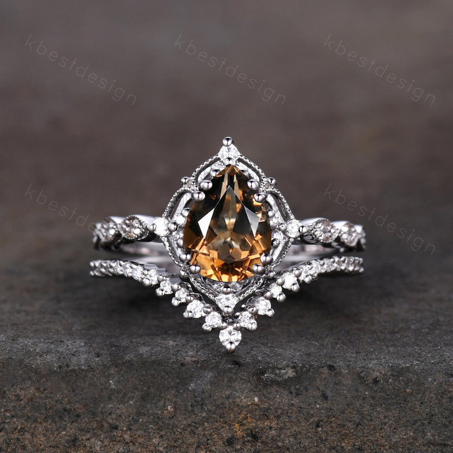 Vintage smoky quartz engagement ring silver ring art deco curved stacking band pear cut bridal set unique moissanite wedding set Brown ring