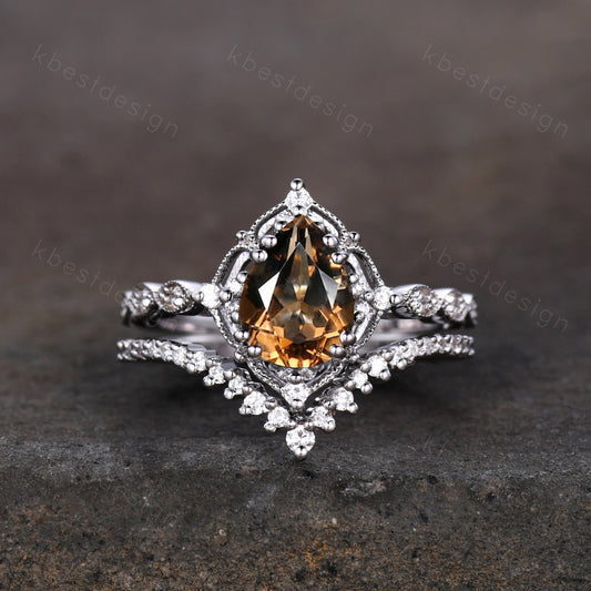 Vintage smoky quartz engagement ring silver ring art deco curved stacking band pear cut bridal set unique moissanite wedding set Brown ring