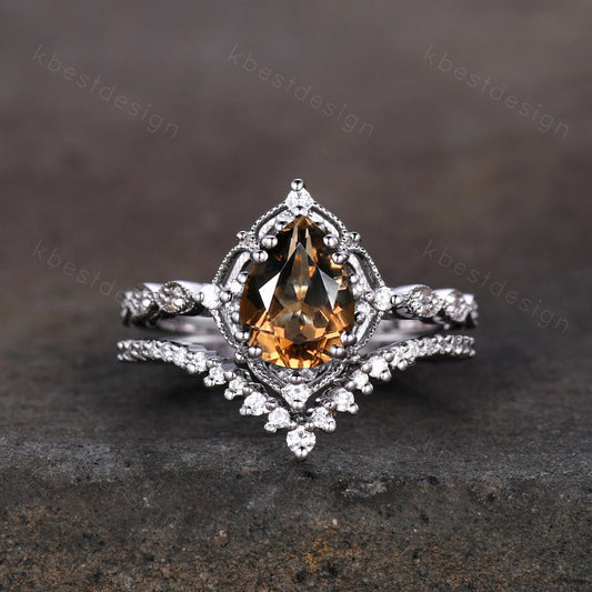 Vintage smoky quartz engagement ring silver ring art deco curved stacking band pear cut bridal set unique moissanite wedding set Brown ring