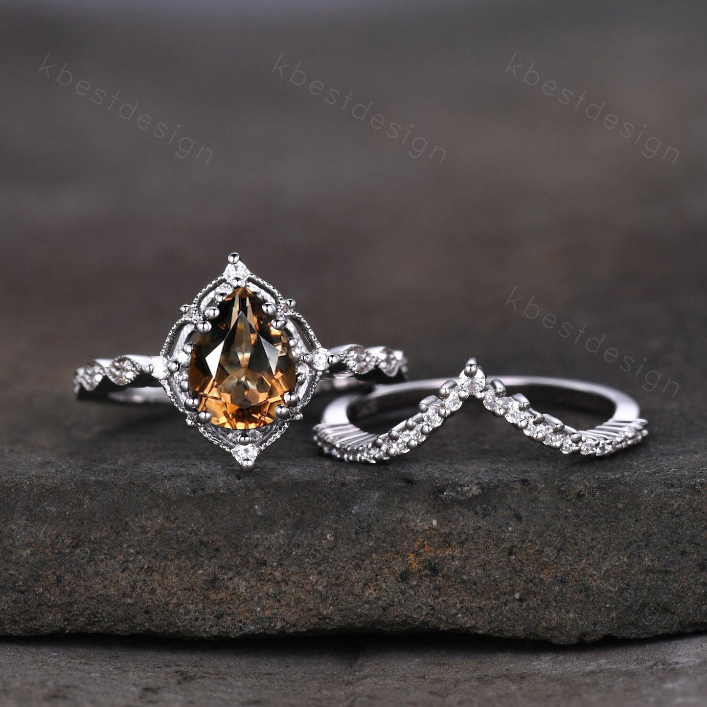 Vintage smoky quartz engagement ring silver ring art deco curved stacking band pear cut bridal set unique moissanite wedding set Brown ring