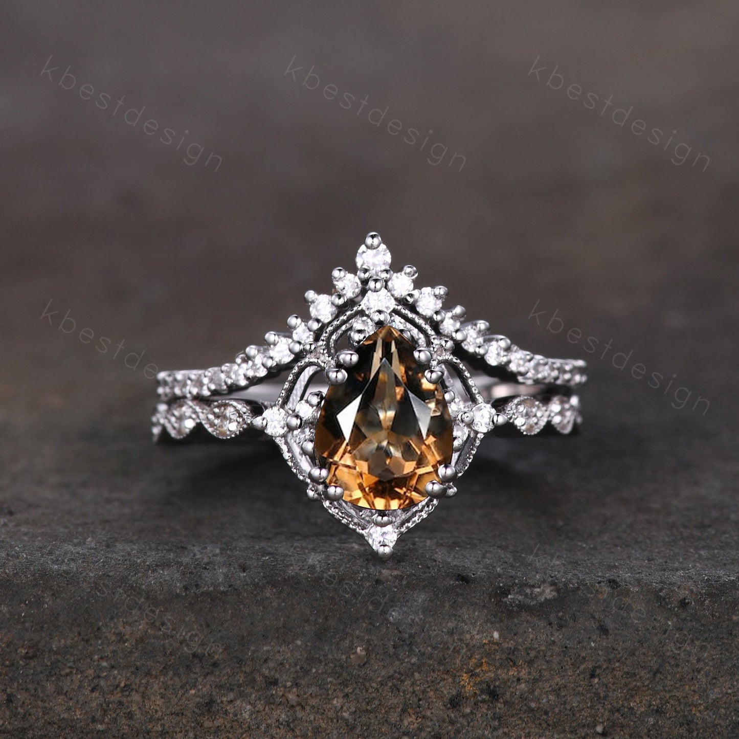 Vintage smoky quartz engagement ring silver ring art deco curved stacking band pear cut bridal set unique moissanite wedding set Brown ring