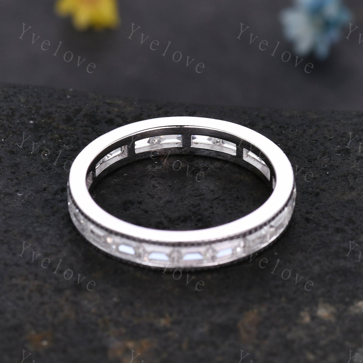 Vintage Moissanite Engagement Ring Baguette Cut Moissanite Band Eternity Wedding Band 14k Yellow gold Art Deco Stacking Matching Bridal Ring