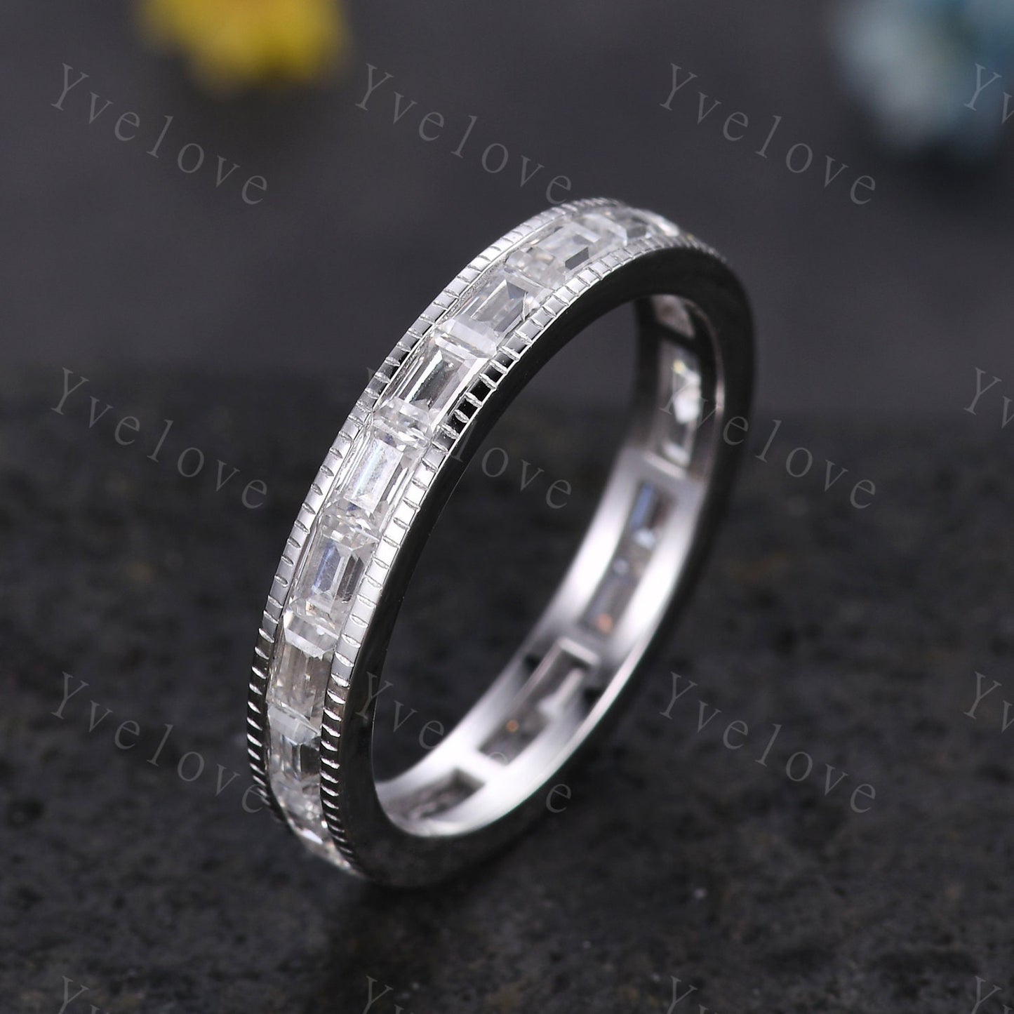 Vintage Moissanite Engagement Ring Baguette Cut Moissanite Band Eternity Wedding Band 14k Yellow gold Art Deco Stacking Matching Bridal Ring