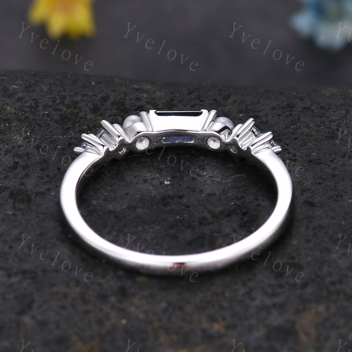 Minimalist Baguette cut sapphire band dainty pearl aquamarine wedding band women stackable matching band white gold personalized ring gift