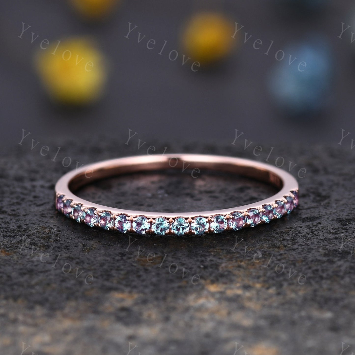 Alexandrite Wedding Band Full Eternity Band Rose Gold June Birthstone Ring Minimalist Ring Pave Wedding Band Stacking Band Anniversary Ring