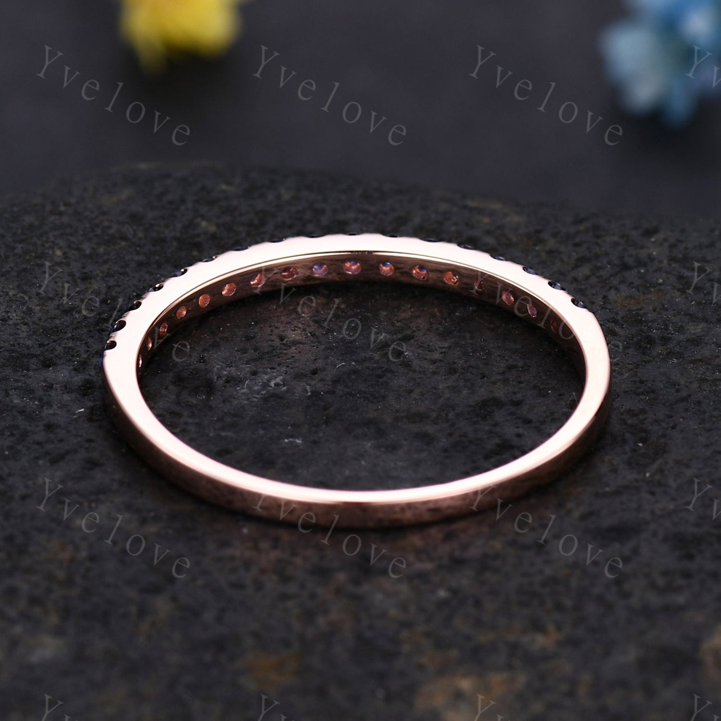 Blue Sapphire wedding band solid 14k rose gold,half eternity ring engagement ring stacking matching band anniversary ring gift for women