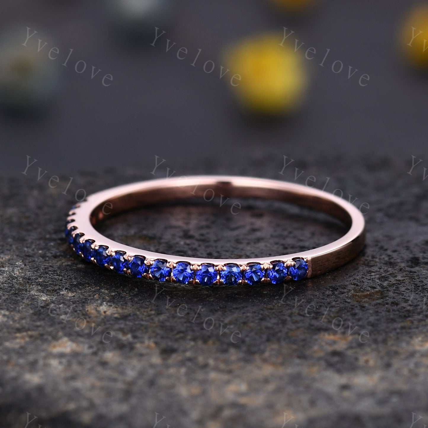 Blue Sapphire wedding band solid 14k rose gold,half eternity ring engagement ring stacking matching band anniversary ring gift for women