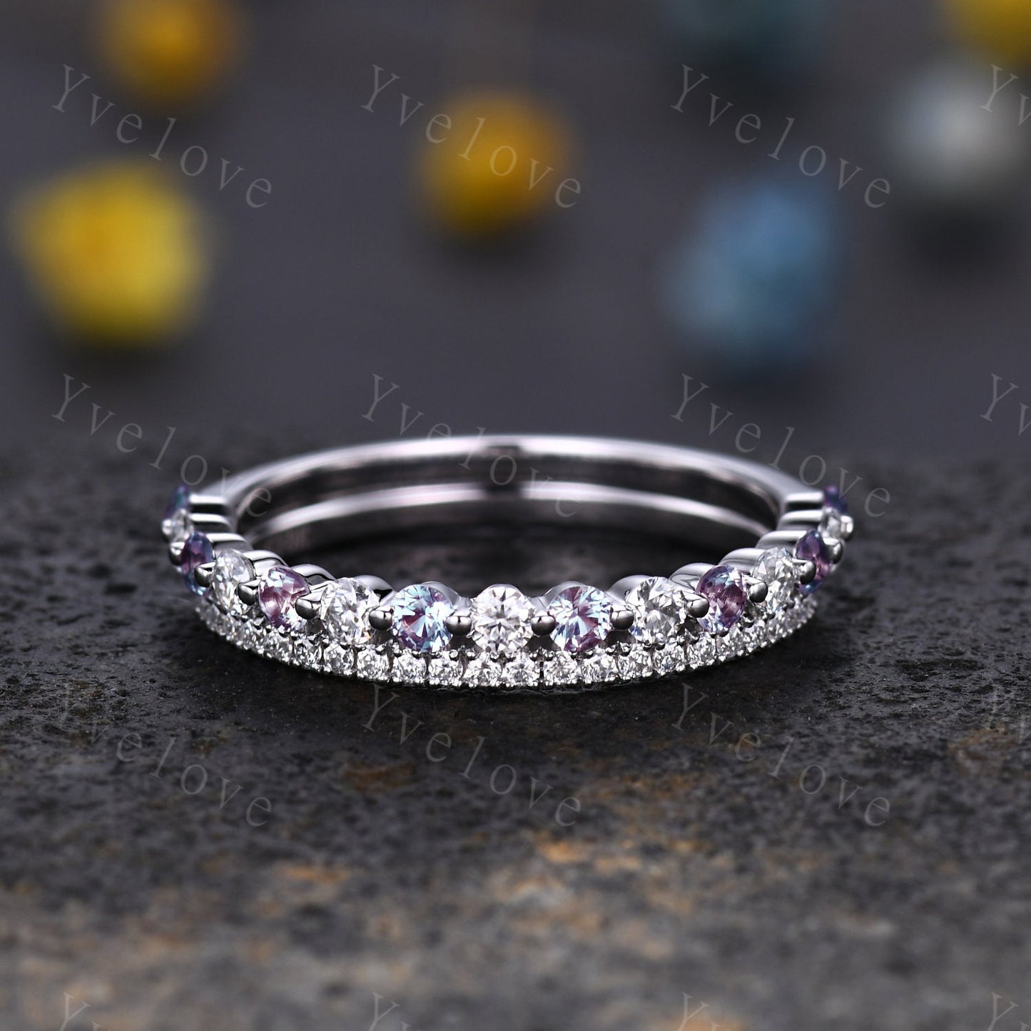 Double Row Vintage Alexandrite Moissanite Engagements Ring Half Eternity matching stacking band sterling silver bridal ring gift for women