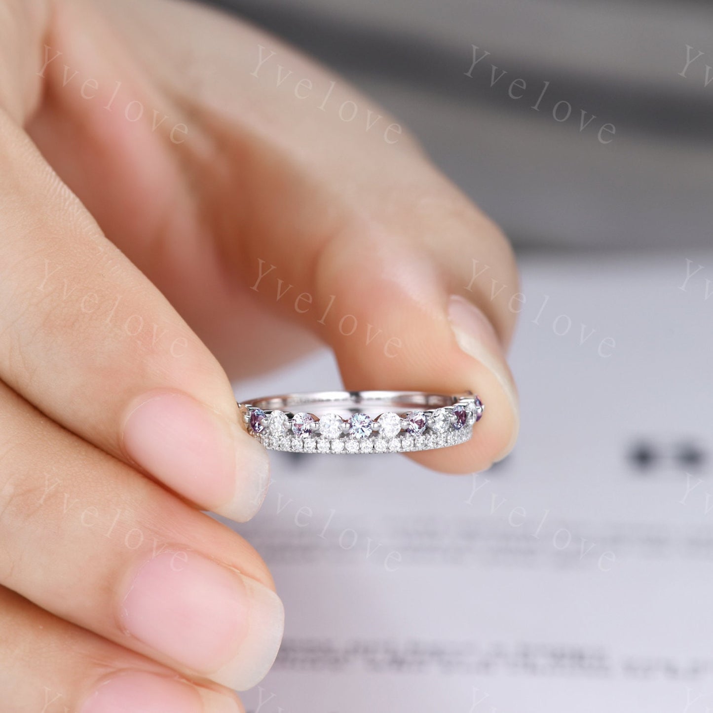 Double Row Vintage Alexandrite Moissanite Engagements Ring Half Eternity matching stacking band sterling silver bridal ring gift for women