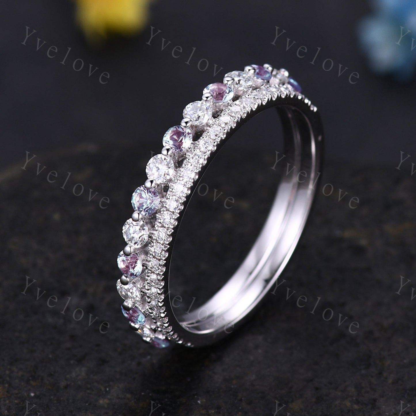 Double Row Vintage Alexandrite Moissanite Engagements Ring Half Eternity matching stacking band sterling silver bridal ring gift for women