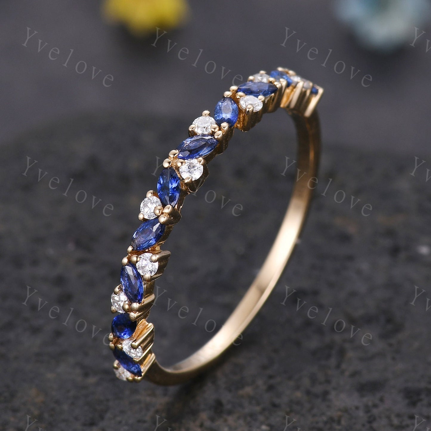 Marquise sapphire wedding band vintage sapphire ring white gold moissanite antique unique stacking band anniversary promise matching band