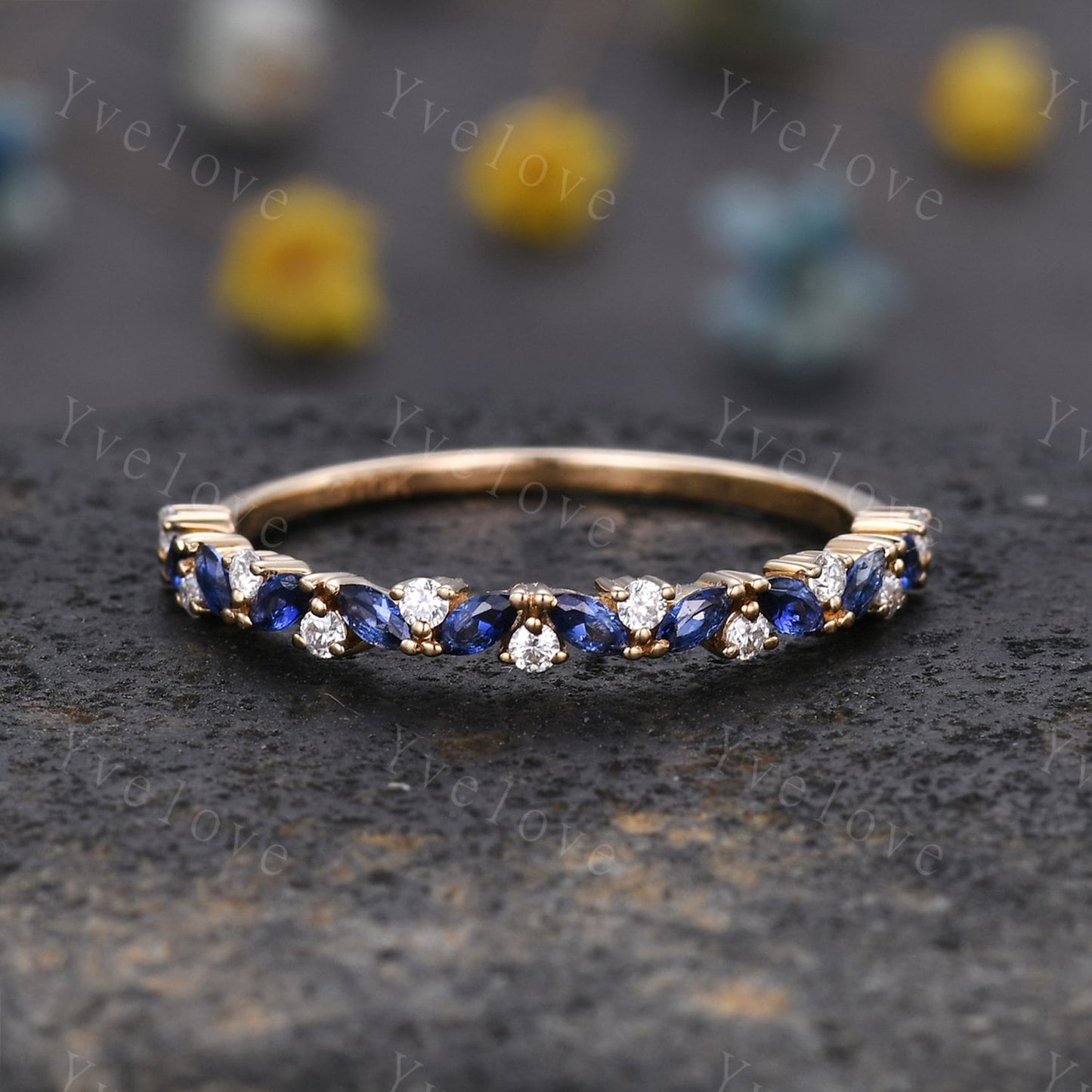 Marquise sapphire wedding band vintage sapphire ring white gold moissanite antique unique stacking band anniversary promise matching band