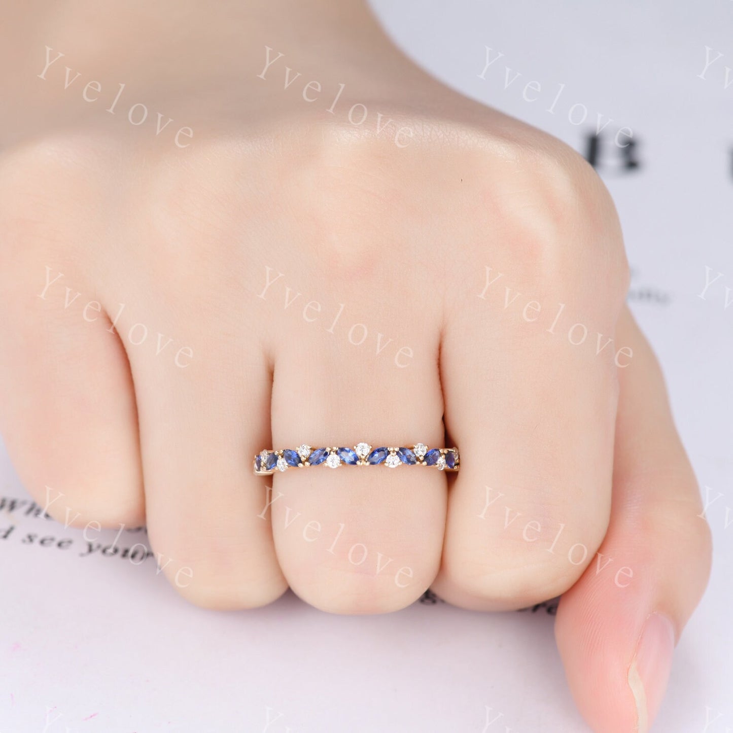 Marquise sapphire wedding band vintage sapphire ring white gold moissanite antique unique stacking band anniversary promise matching band