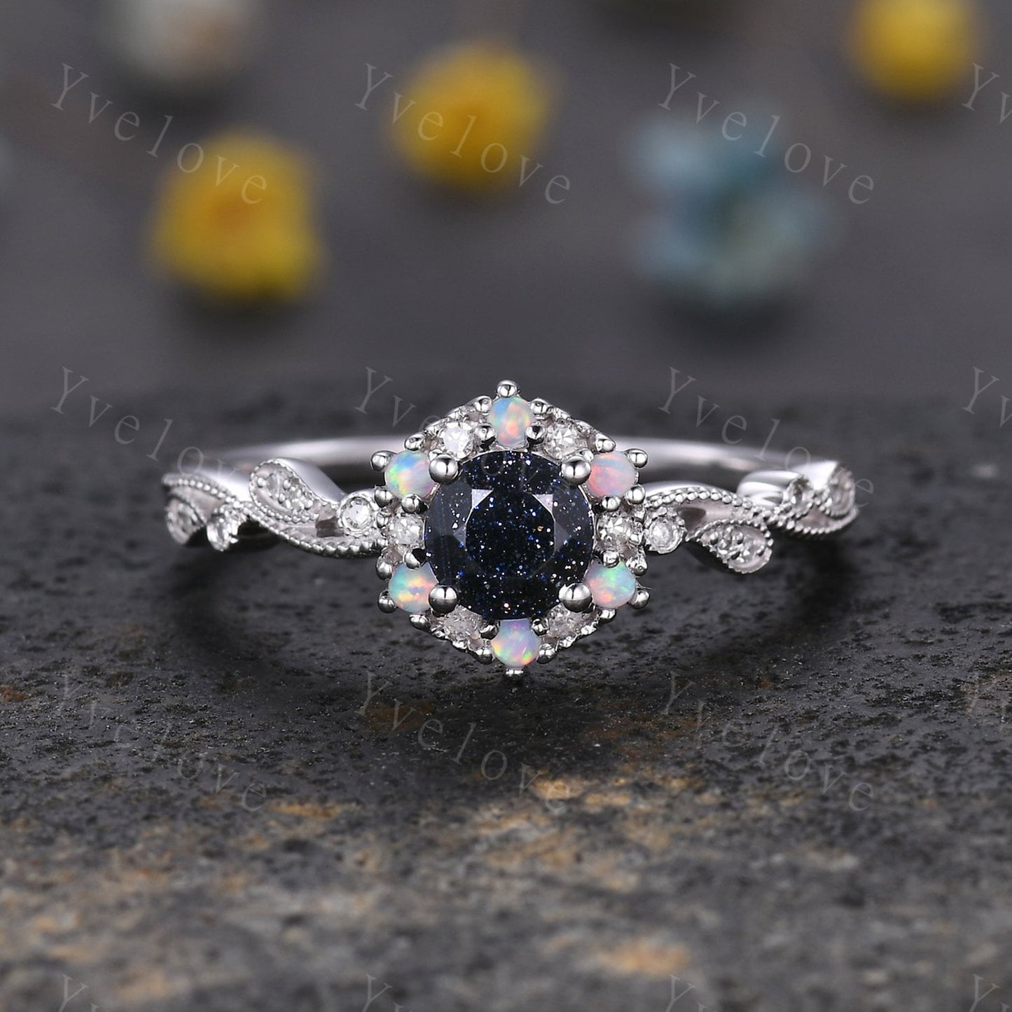 Retro Sandstone Engagement Ring 14k Rose Gold White Opal Diamond Wedding Ring Bridal Ring For Women Promise Anniversary Gift Christmas Gift