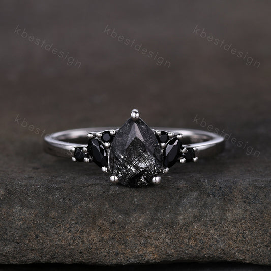Vintage black rutilated quartz engagement ring sterling silver ring art deco cluster ring pear shaped bridal ring unique black spinel ring