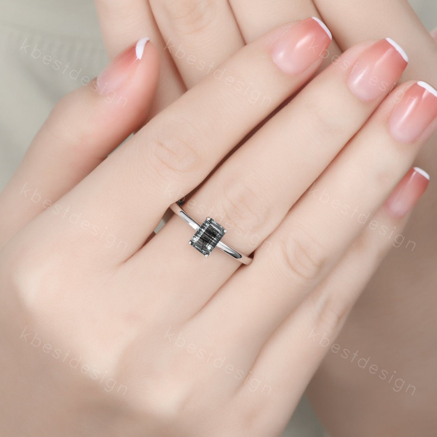 Emerald cut Black Rutilated Quartz ring women vintage unique black gemstone ring minimalist solitaire engagement ring Promise ring