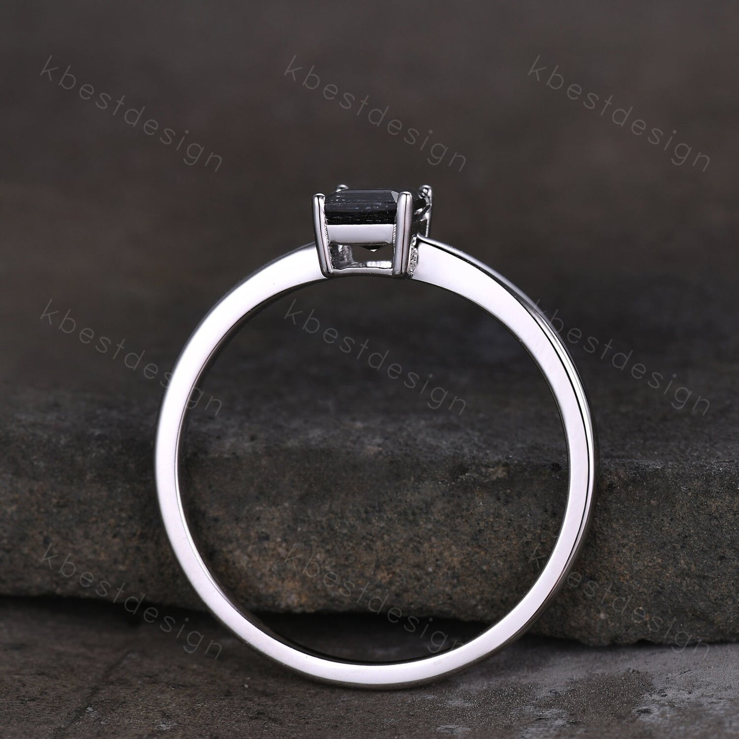 Emerald cut Black Rutilated Quartz ring women vintage unique black gemstone ring minimalist solitaire engagement ring Promise ring