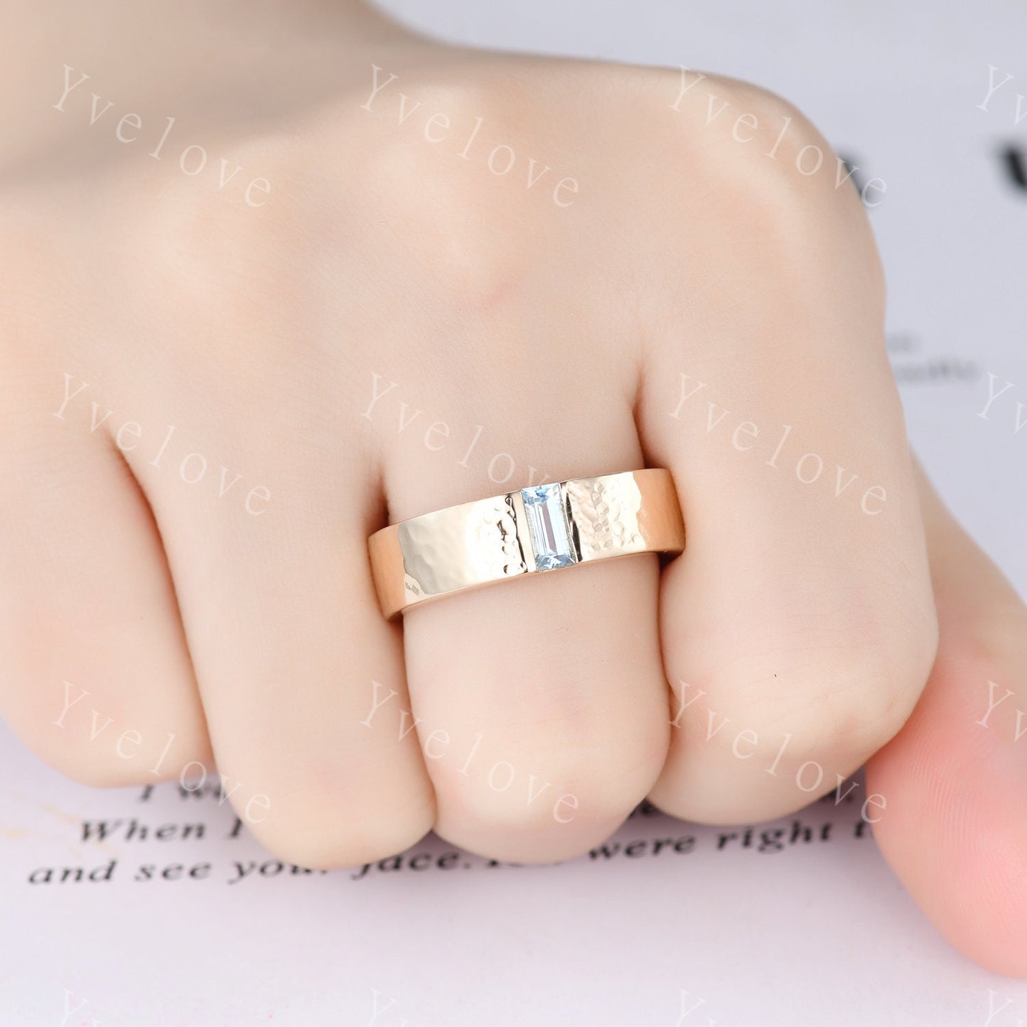 6mm Mens Blue Aquamarine Wedding Band Baguette Shaped Band White Gold Ring Mens Hammered Stacking Matching Band Retro Vintage Ring Gift
