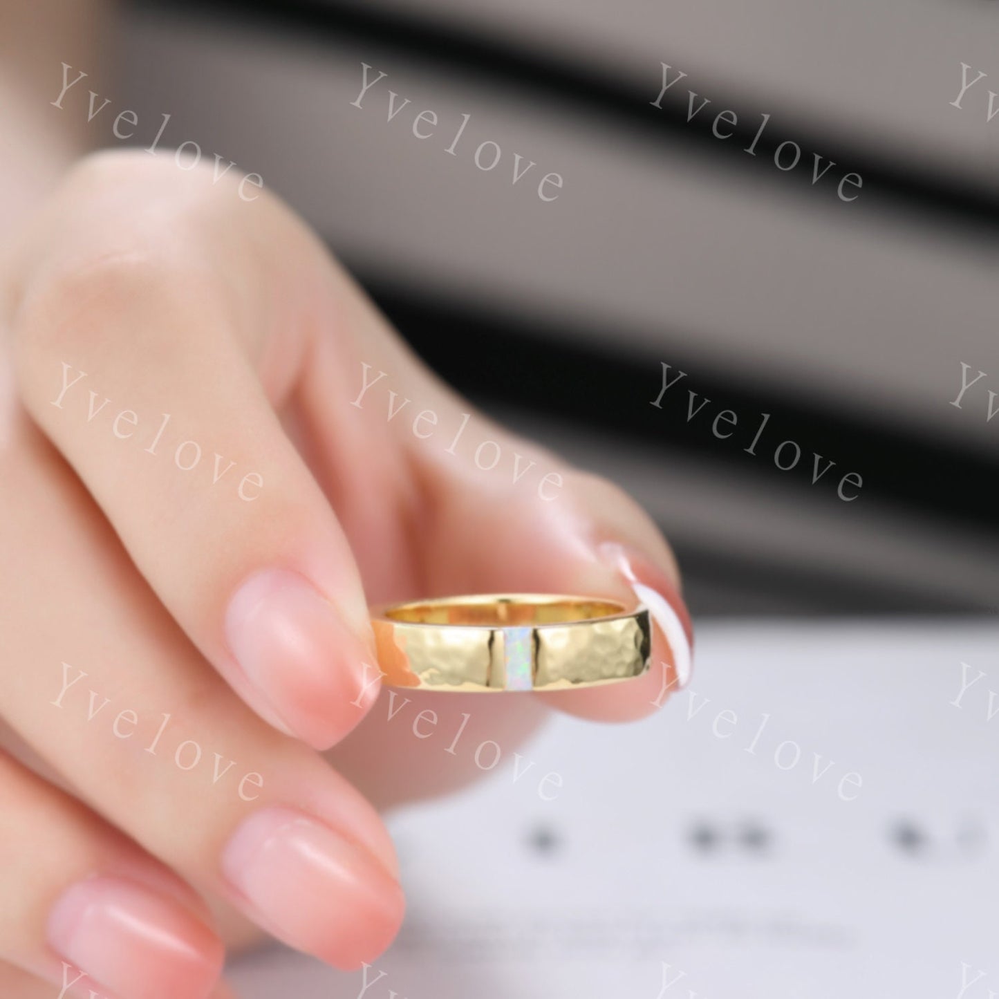 Mens White Fire Opal Wedding Band Baguette Cut Opal Band 5mm White Gold Ring Mens Hammered Stacking Matching Band Retro Vintage Ring Gift