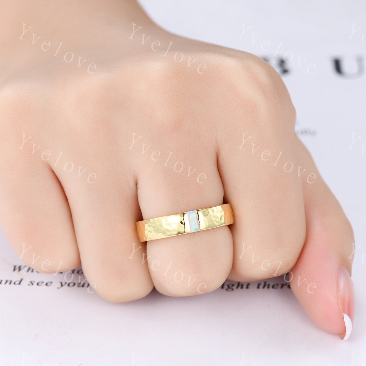Mens White Fire Opal Wedding Band Baguette Cut Opal Band 5mm White Gold Ring Mens Hammered Stacking Matching Band Retro Vintage Ring Gift