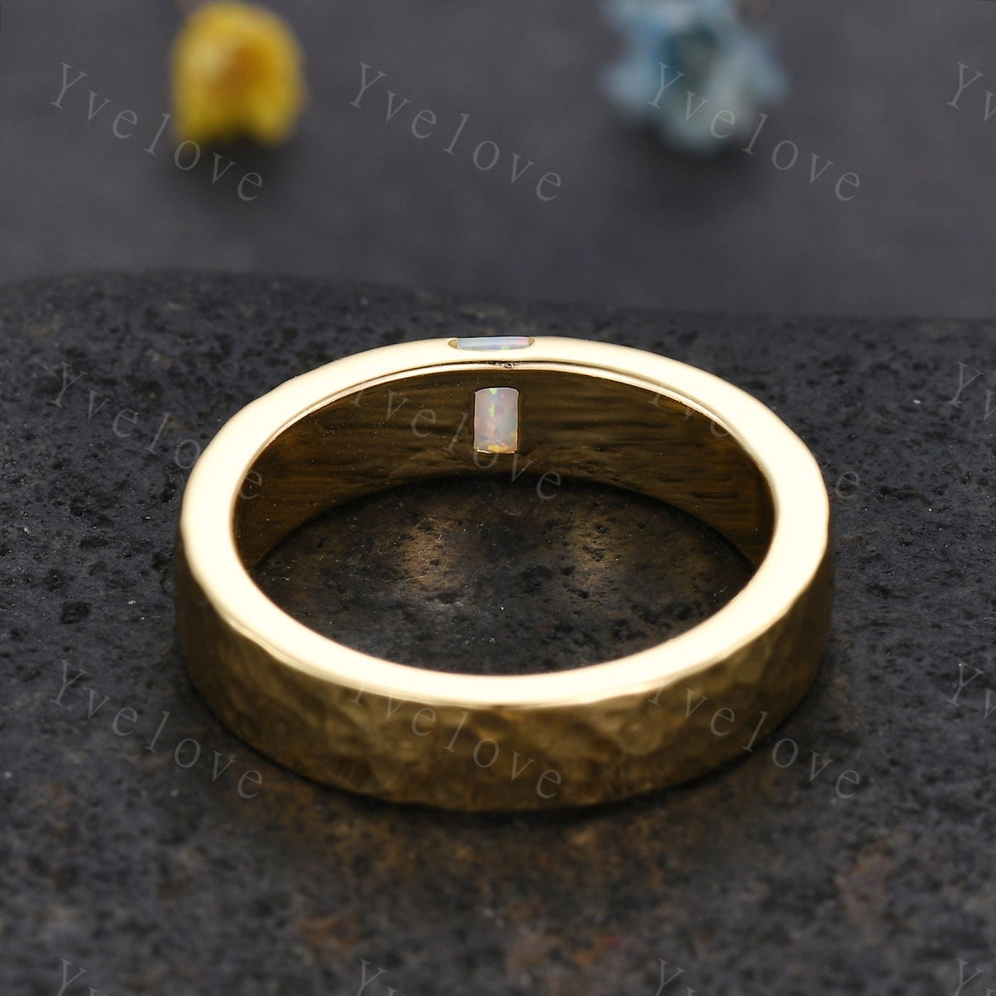 Mens Black Opal Wedding Band Baguette Cut Opal Band 5mm Black Gold Ring Mens Hammered Stacking Matching Band Retro Vintage Ring Gift