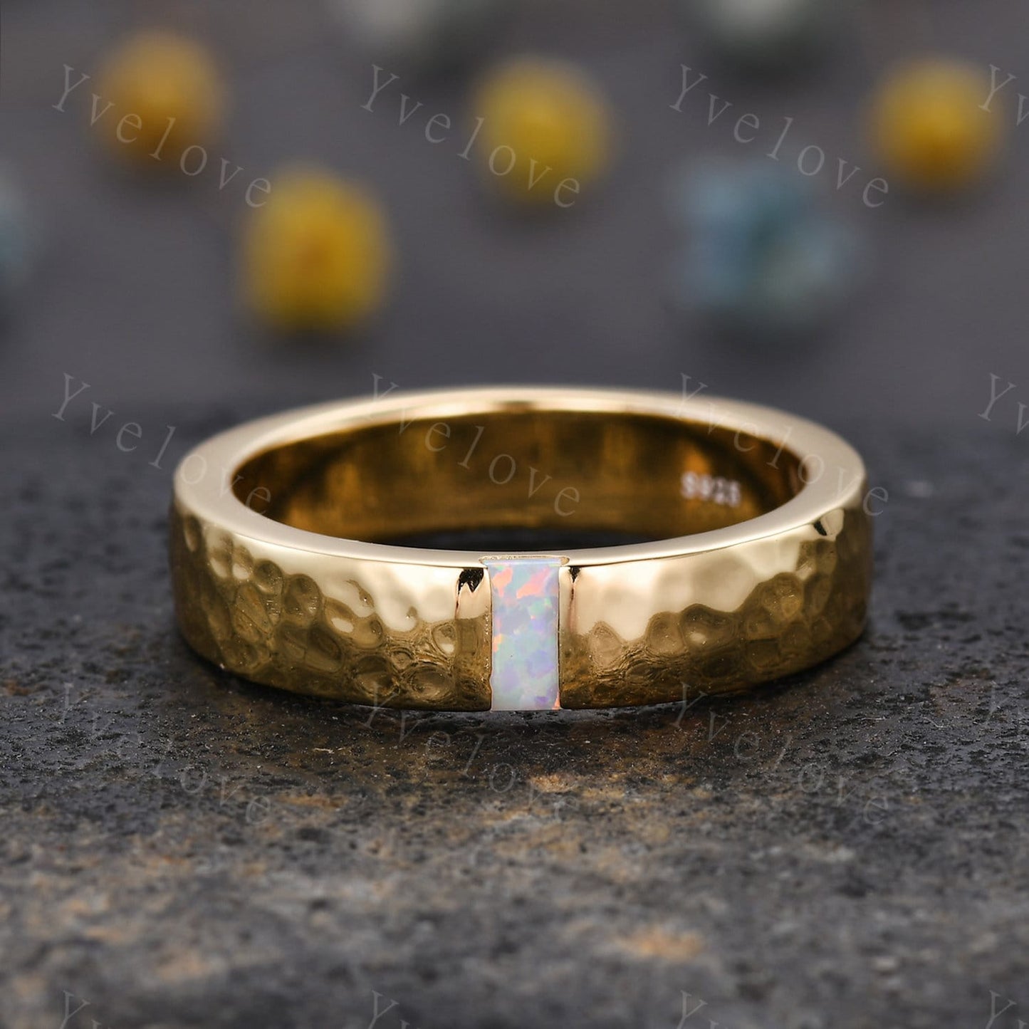 Mens White Fire Opal Wedding Band Baguette Cut Opal Band 5mm White Gold Ring Mens Hammered Stacking Matching Band Retro Vintage Ring Gift