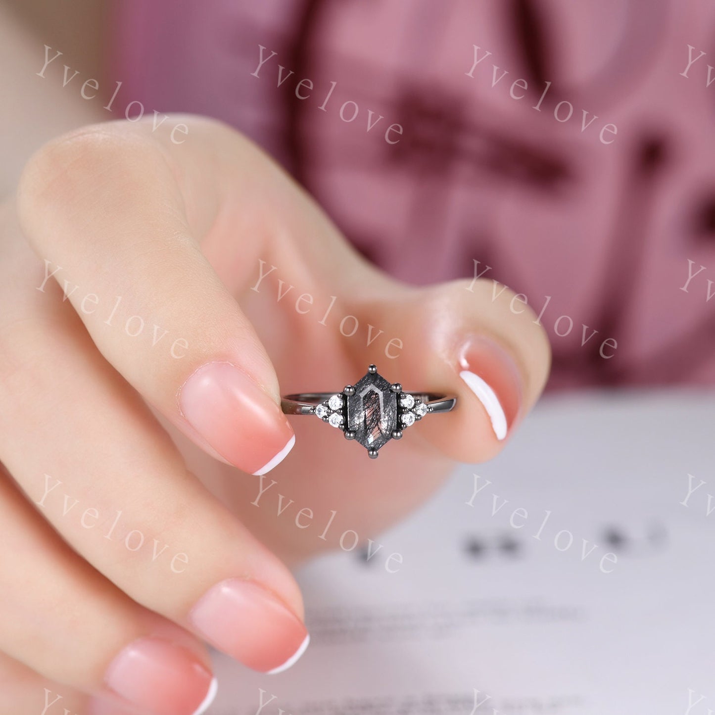 Retro hexagon Black Rutilate Quartz Ring,Vintage Black Silver Ring,Unique Black Quartz Engagement Ring,Promise Bridal Ring Gift For Her
