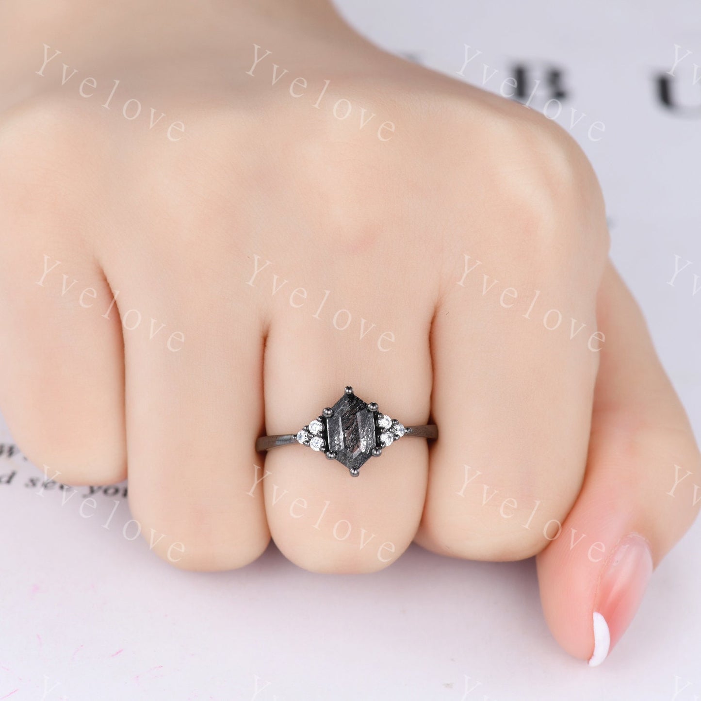 Retro hexagon Black Rutilate Quartz Ring,Vintage Black Silver Ring,Unique Black Quartz Engagement Ring,Promise Bridal Ring Gift For Her