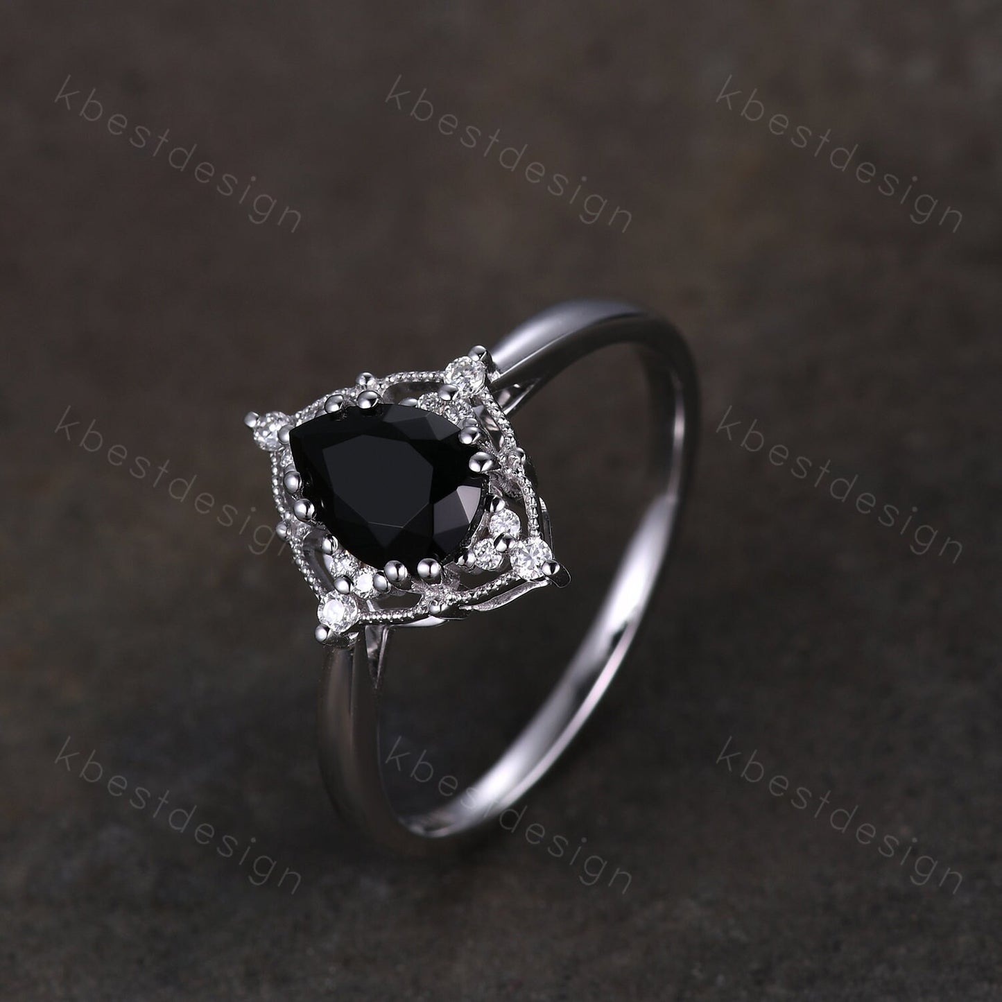 Pear Cut Natural Black Onyx Engagement Ring Unique Art Deco Moissanite Ring Sterling Silver Ring Black Gemstone ring Bridal Promise Ring