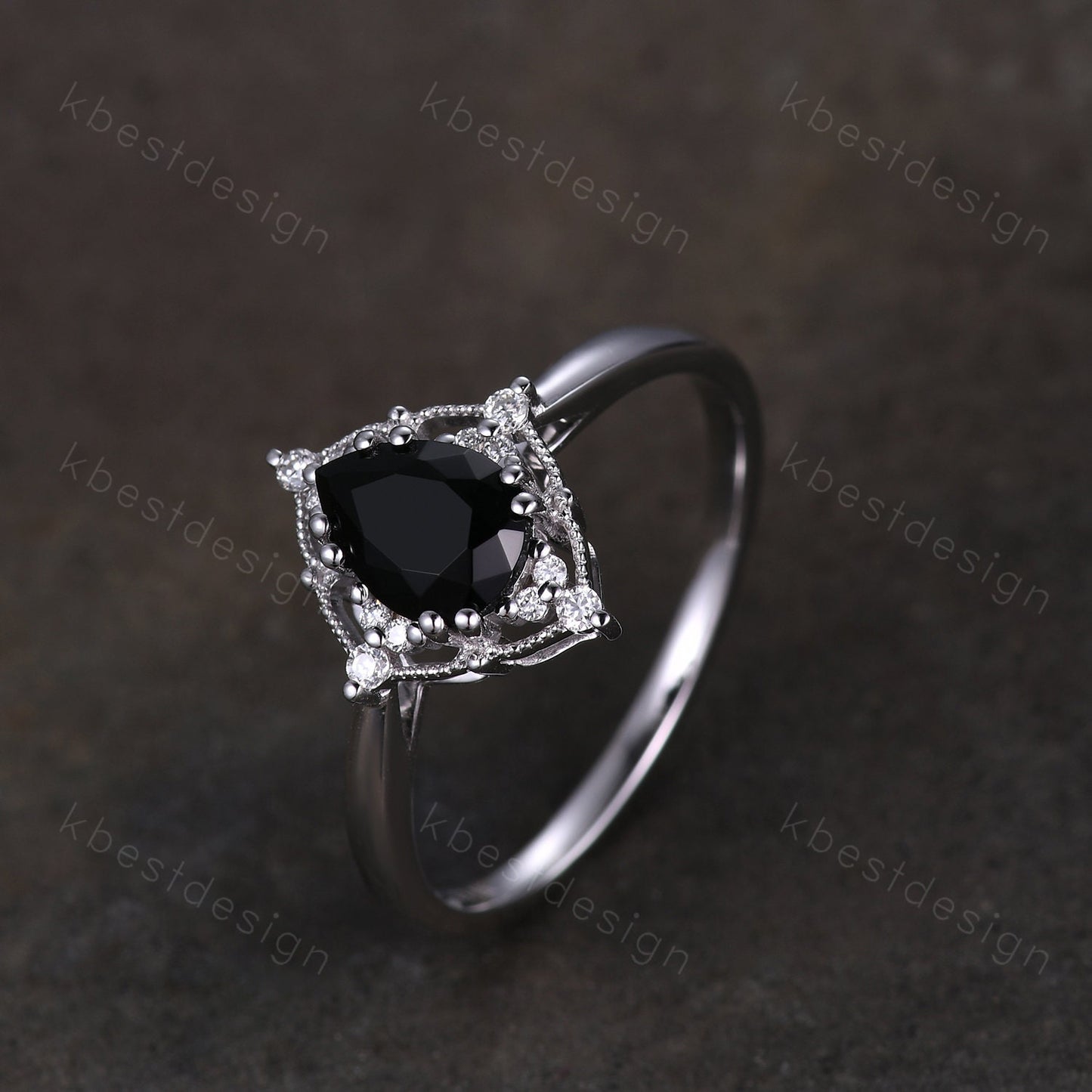 Pear Cut Natural Black Onyx Engagement Ring Unique Art Deco Moissanite Ring Sterling Silver Ring Black Gemstone ring Bridal Promise Ring