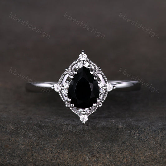 Pear Cut Natural Black Onyx Engagement Ring Unique Art Deco Moissanite Ring Sterling Silver Ring Black Gemstone ring Bridal Promise Ring
