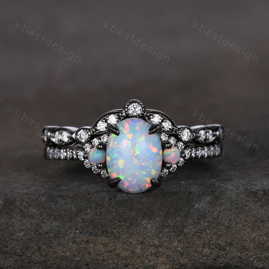 Vintage white opal engagement ring black gold rings art deco curved stacking matching band oval cut bridal set unique moissanite wedding set