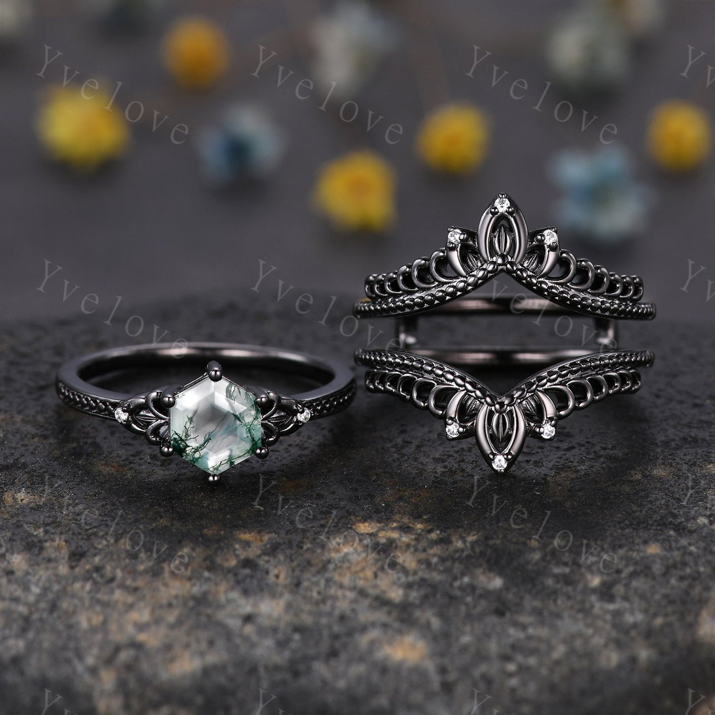 Vintage Black Gold Hexagon Cut Moss Agate Engagement Ring Set Unique Bridal Set,Diamond Ring Dark Promise Wedding Set,Celtic Enhancer Band