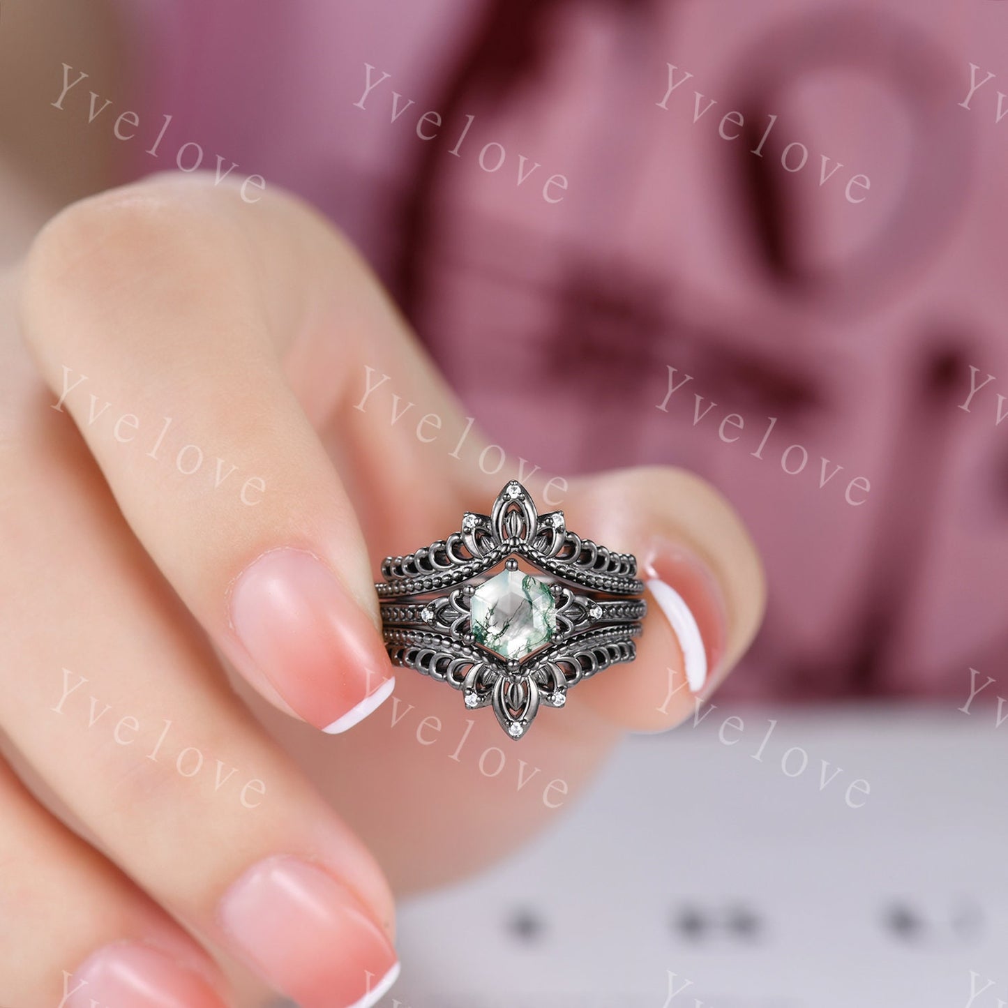 Vintage Black Gold Hexagon Cut Moss Agate Engagement Ring Set Unique Bridal Set,Diamond Ring Dark Promise Wedding Set,Celtic Enhancer Band