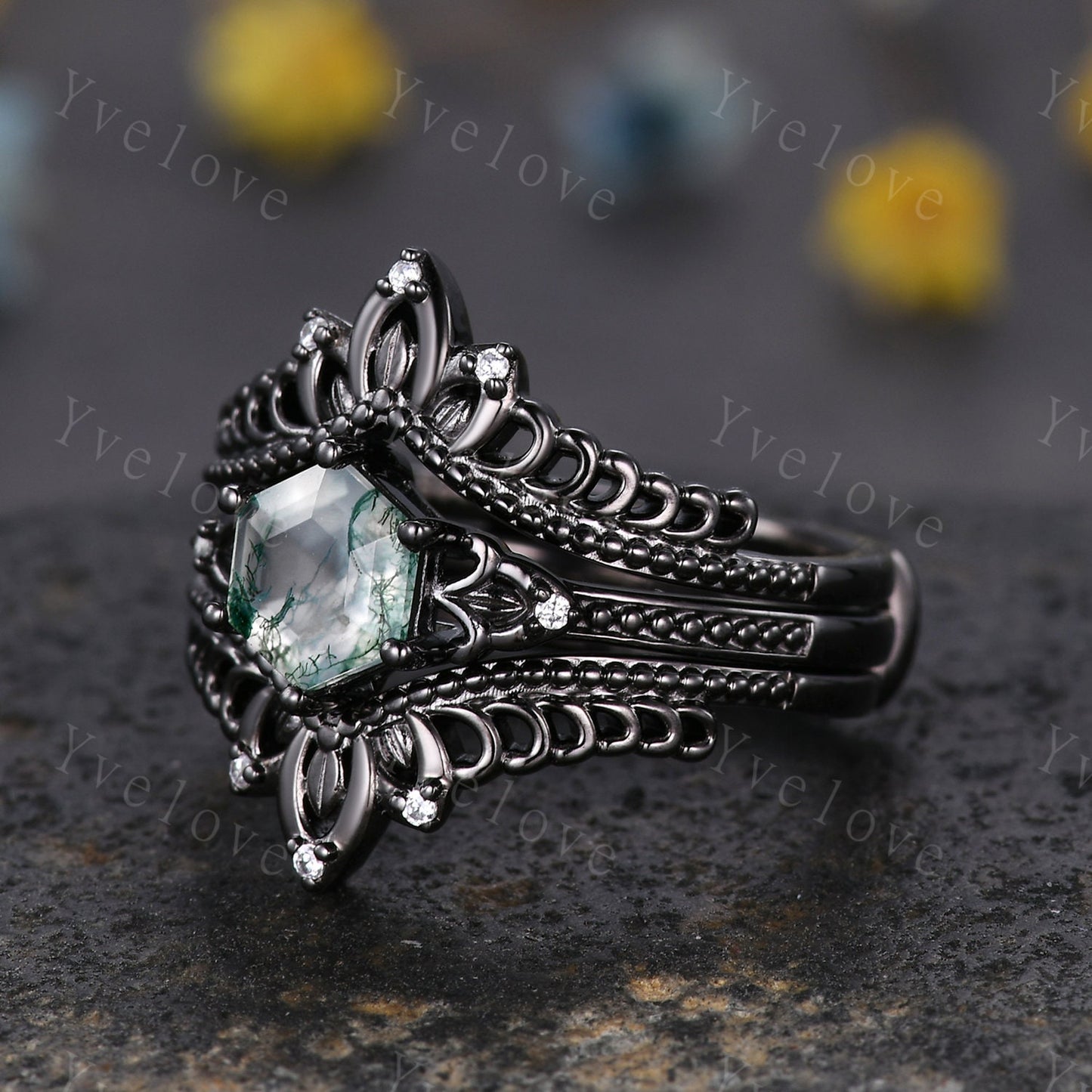 Vintage Black Gold Hexagon Cut Moss Agate Engagement Ring Set Unique Bridal Set,Diamond Ring Dark Promise Wedding Set,Celtic Enhancer Band