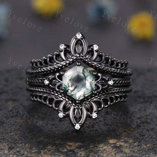 Vintage Black Gold Hexagon Cut Moss Agate Engagement Ring Set Unique Bridal Set,Diamond Ring Dark Promise Wedding Set,Celtic Enhancer Band