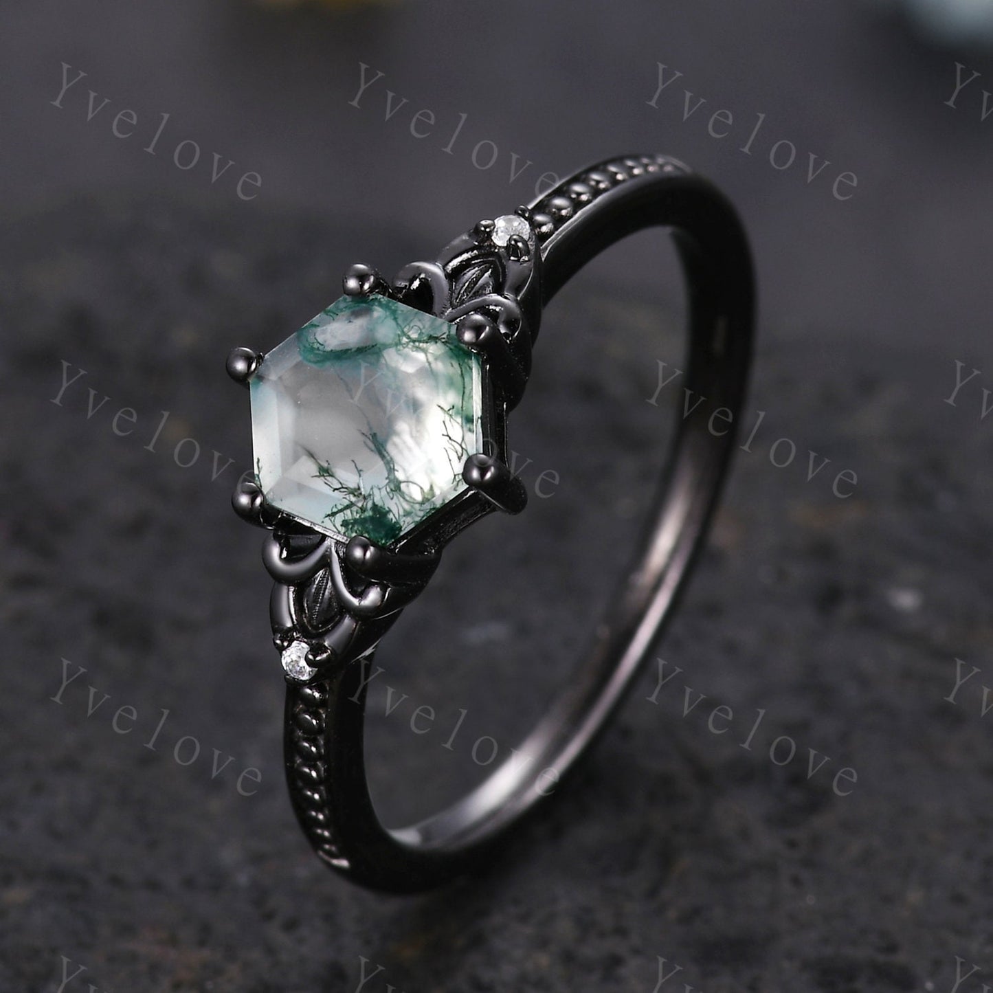 Vintage Black Gold Hexagon Cut Moss Agate Engagement Ring Set Unique Bridal Set,Diamond Ring Dark Promise Wedding Set,Celtic Enhancer Band